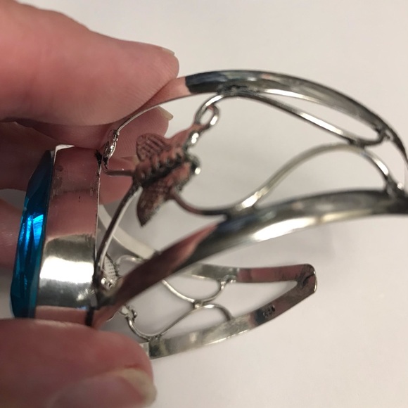 Blue Topaz Stampd 925 Sterling Silver Cuff Bracelet - Picture 3 of 5